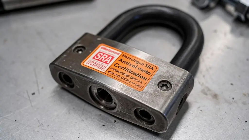 Gros plan du label de certification d'homologation SRA sur un antivol moto.