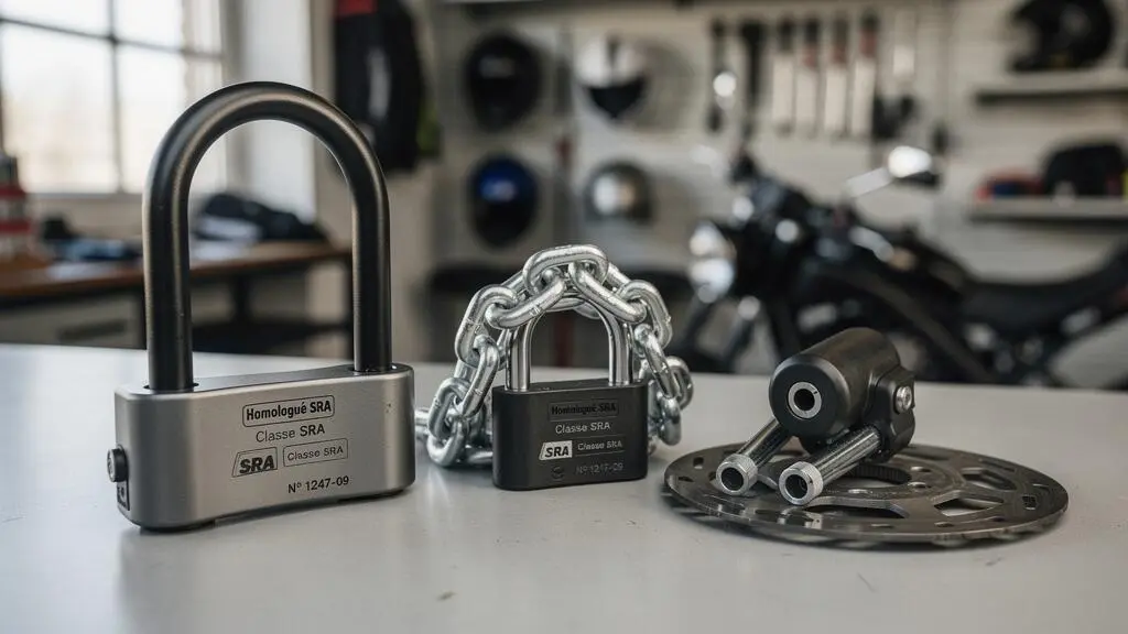 Différents types d'antivols moto certifiés SRA exposés sur un comptoir d'atelier, incluant un antivol U, un antivol chaîne et un bloque-disque.